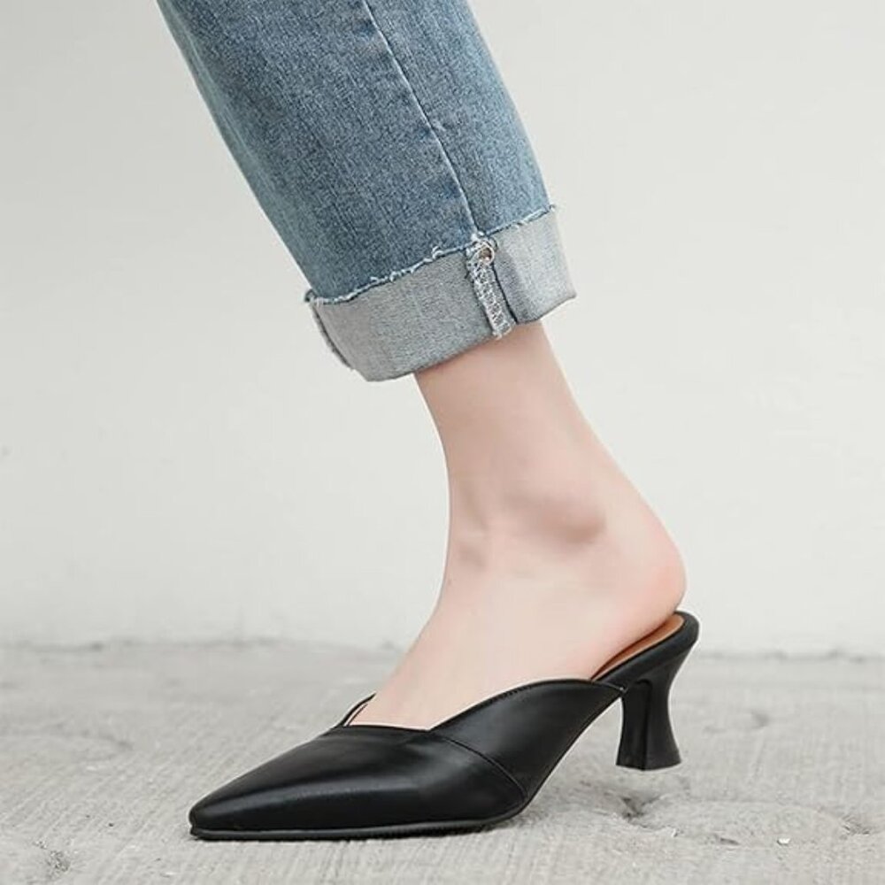 Kitten Heel Mules for Women Pointed Toe Slip On Slide Sandals Pumps Shoes Dressy